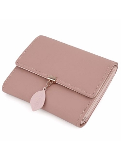 Small Wallet for Women PU Leather Leaf Pendant Card Holder Organizer Zipper Coin Purse