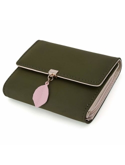 Small Wallet for Women PU Leather Leaf Pendant Card Holder Organizer Zipper Coin Purse