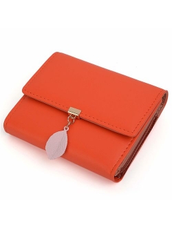 Small Wallet for Women PU Leather Leaf Pendant Card Holder Organizer Zipper Coin Purse