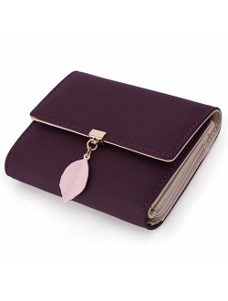 Small Wallet for Women PU Leather Leaf Pendant Card Holder Organizer Zipper Coin Purse