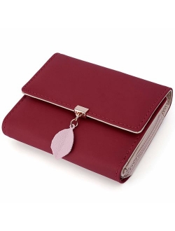 Small Wallet for Women PU Leather Leaf Pendant Card Holder Organizer Zipper Coin Purse