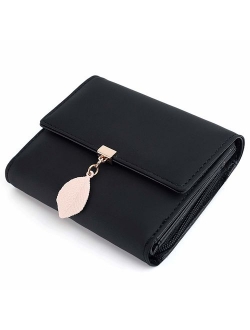 Small Wallet for Women PU Leather Leaf Pendant Card Holder Organizer Zipper Coin Purse