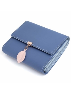 Small Wallet for Women PU Leather Leaf Pendant Card Holder Organizer Zipper Coin Purse