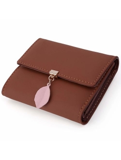 Small Wallet for Women PU Leather Leaf Pendant Card Holder Organizer Zipper Coin Purse