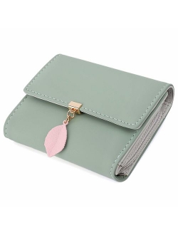 Small Wallet for Women PU Leather Leaf Pendant Card Holder Organizer Zipper Coin Purse