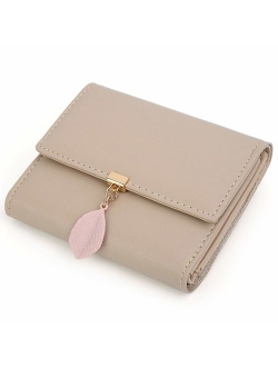 Small Wallet for Women PU Leather Leaf Pendant Card Holder Organizer Zipper Coin Purse