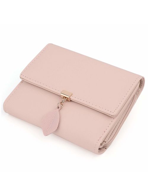 UTO Small Wallet for Women PU Leather Leaf Pendant Card Holder Organizer Zipper Coin Purse