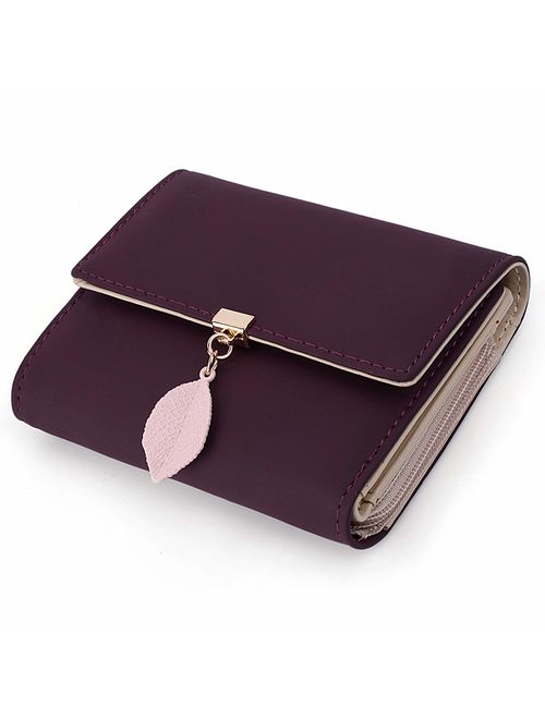 UTO Small Wallet for Women PU Leather Leaf Pendant Card Holder Organizer Zipper Coin Purse