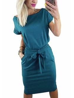 Women's Plain Casual Flowy Short Sleeve Midi Dress with Belt