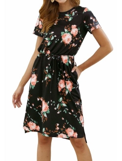 Women's Plain Casual Flowy Short Sleeve Midi Dress with Belt