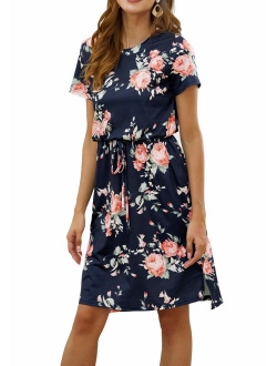 Women's Plain Casual Flowy Short Sleeve Midi Dress with Belt