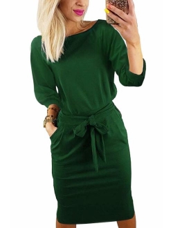 Women's Plain Casual Flowy Short Sleeve Midi Dress with Belt