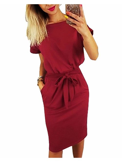 Women's Plain Casual Flowy Short Sleeve Midi Dress with Belt