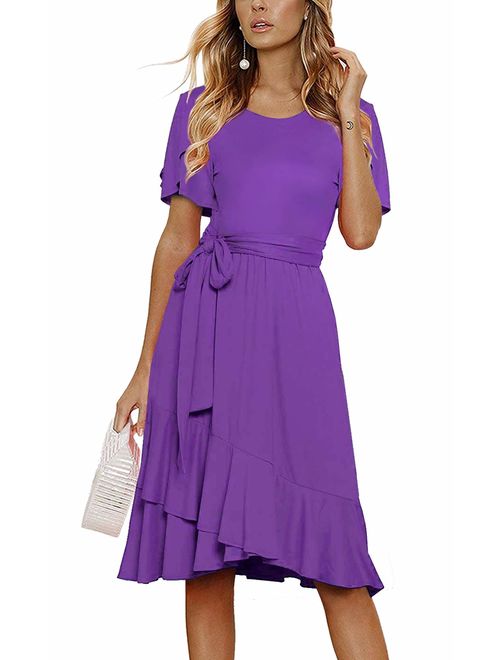 Women's Plain Casual Flowy Short Sleeve Midi Dress with Belt