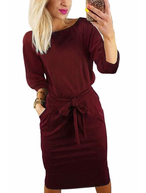 Women's Plain Casual Flowy Short Sleeve Midi Dress with Belt