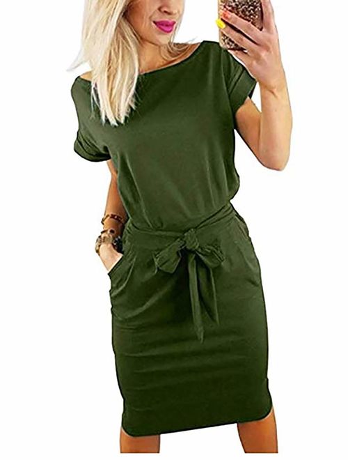 Women's Plain Casual Flowy Short Sleeve Midi Dress with Belt