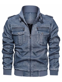 Men's Casual Long Sleeve Zip-Up Distressed Faux Leather Moto Jacket