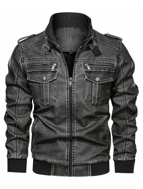 chouyatou Men's Casual Long Sleeve Zip-Up Distressed Faux Leather Moto Jacket