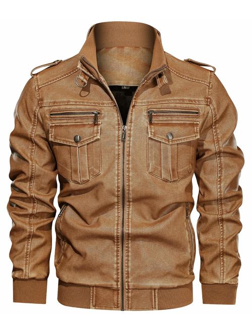 chouyatou Men's Casual Long Sleeve Zip-Up Distressed Faux Leather Moto Jacket