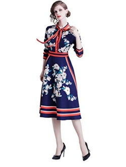 LAI MENG FIVE CATS Women's 3/4 Sleeve Floral Print Button up Casual A-line Midi Dress