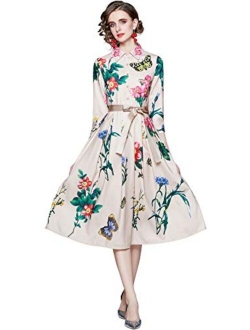 LAI MENG FIVE CATS Women's 3/4 Sleeve Floral Print Button up Casual A-line Midi Dress