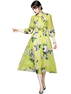 LAI MENG FIVE CATS Women's 3/4 Sleeve Floral Print Button up Casual A-line Midi Dress