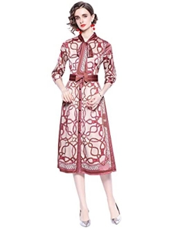 LAI MENG FIVE CATS Women's 3/4 Sleeve Floral Print Button up Casual A-line Midi Dress