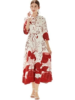 LAI MENG FIVE CATS Women's 3/4 Sleeve Floral Print Button up Casual A-line Midi Dress