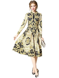 LAI MENG FIVE CATS Women's 3/4 Sleeve Floral Print Button up Casual A-line Midi Dress