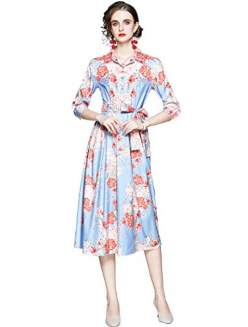 LAI MENG FIVE CATS Women's 3/4 Sleeve Floral Print Button up Casual A-line Midi Dress