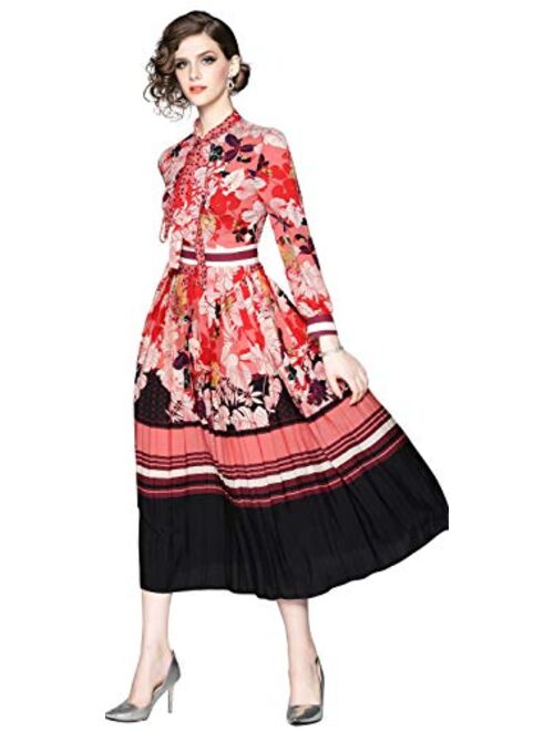 LAI MENG FIVE CATS Women's 3/4 Sleeve Floral Print Button up Casual A-line Midi Dress