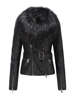 Bellivera Faux Leather Puffer Padding Long Jacket, Women Winter Coats with Detachable Faux Fur Collar