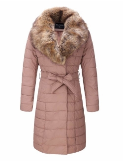 Bellivera Faux Leather Puffer Padding Long Jacket, Women Winter Coats with Detachable Faux Fur Collar