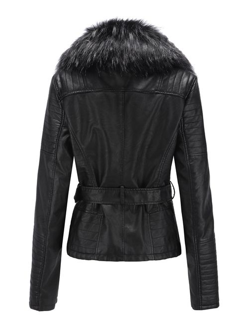 Bellivera Faux Leather Puffer Padding Long Jacket, Women Winter Coats with Detachable Faux Fur Collar