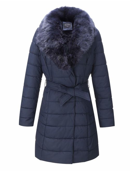 Bellivera Faux Leather Puffer Padding Long Jacket, Women Winter Coats with Detachable Faux Fur Collar