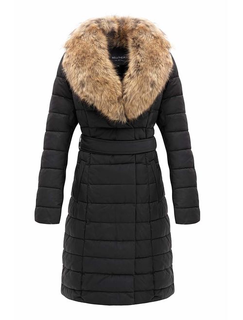 Bellivera Faux Leather Puffer Padding Long Jacket, Women Winter Coats with Detachable Faux Fur Collar