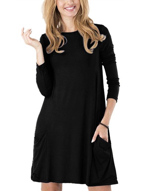 TINYHI Women's Casual Plain Fit Flowy Simple Swing T-Shirt Loose Tunic Dress