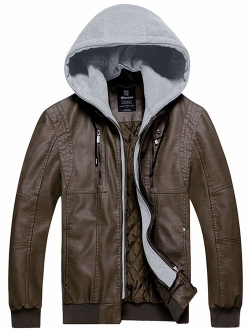 Wantdo Men's Faux Leather Jacket Moto Hoodie Jacket PU Outwear Warm Jacket