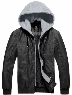 Wantdo Men's Faux Leather Jacket Moto Hoodie Jacket PU Outwear Warm Jacket