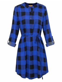 Women Roll Up Sleeve Casual Tunic Mini Plaid T Shirt Dresses KKAF1057