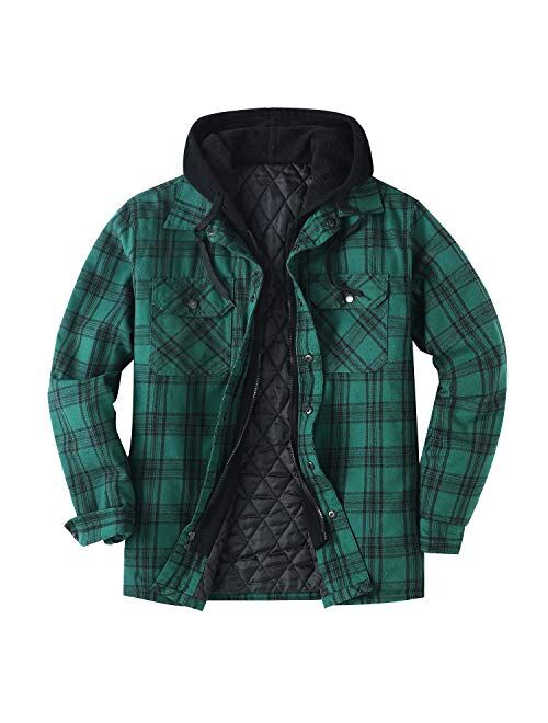 ZENTHACE Men's Thicken Plaid Hooded Flannel Shirt Jacket with Quilted Lined