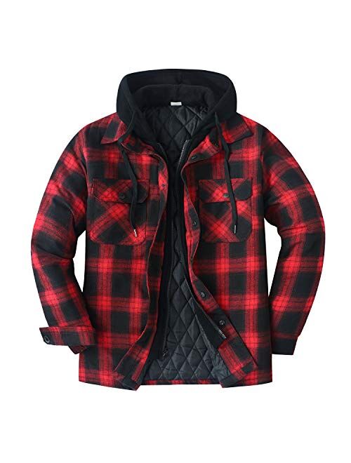 ZENTHACE Men's Thicken Plaid Hooded Flannel Shirt Jacket with Quilted Lined