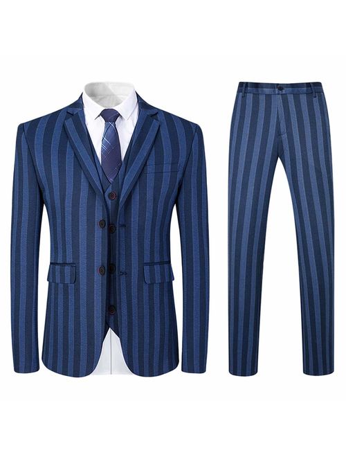 Mens 3 Piece Suit Formal Pinstripe Slim Fit Notched Lapel Dress Blazer Vest Trousers Set