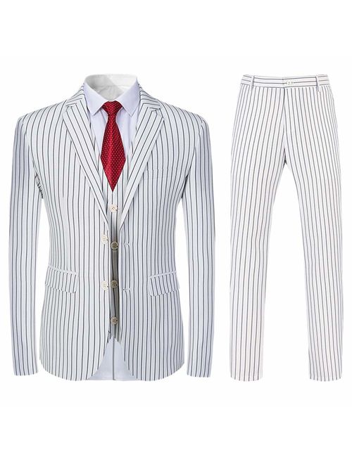 Mens 3 Piece Suit Formal Pinstripe Slim Fit Notched Lapel Dress Blazer Vest Trousers Set