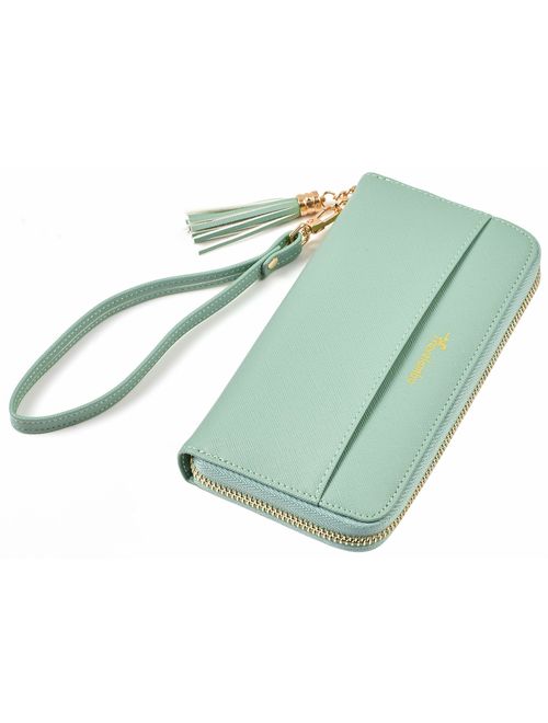 Travelambo Womens Wallet Tassel Bifold Ladies Cluth Wristlet Wrist strap Long Purse