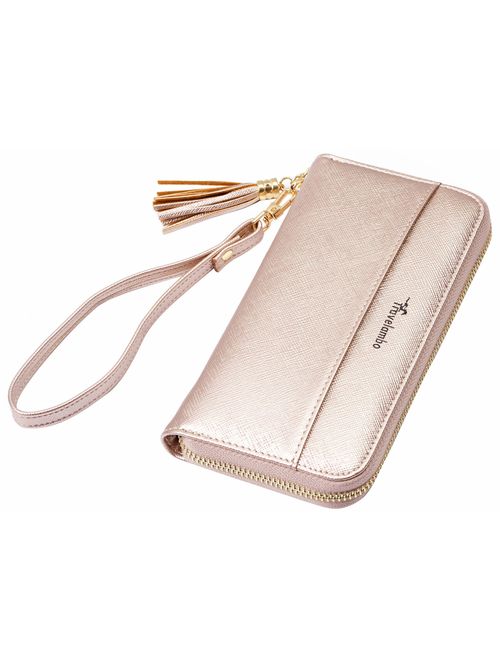 Travelambo Womens Wallet Tassel Bifold Ladies Cluth Wristlet Wrist strap Long Purse