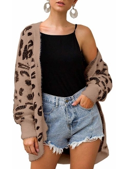 Women's Long Sleeves Open Front Leopard Print Button Down Knitted Sweater Cardigan Coat Outwear with Pockets