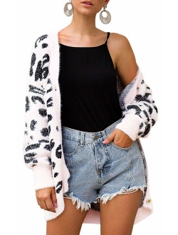 Women's Long Sleeves Open Front Leopard Print Button Down Knitted Sweater Cardigan Coat Outwear with Pockets