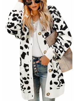 Women's Long Sleeves Open Front Leopard Print Button Down Knitted Sweater Cardigan Coat Outwear with Pockets