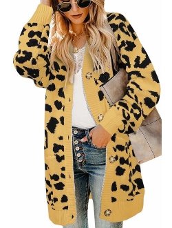 Women's Long Sleeves Open Front Leopard Print Button Down Knitted Sweater Cardigan Coat Outwear with Pockets